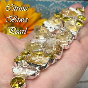 Citrine Biwa Pearl Bracelet Crystal Gemstone Large Handmade 925 Silver Ethnic